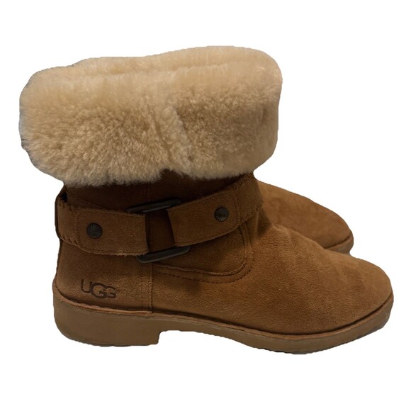UGG Cedric Tan Suede Boot Fold Over Shearling Cuff Buckle Strap Size 10. - Picture 1 of 6